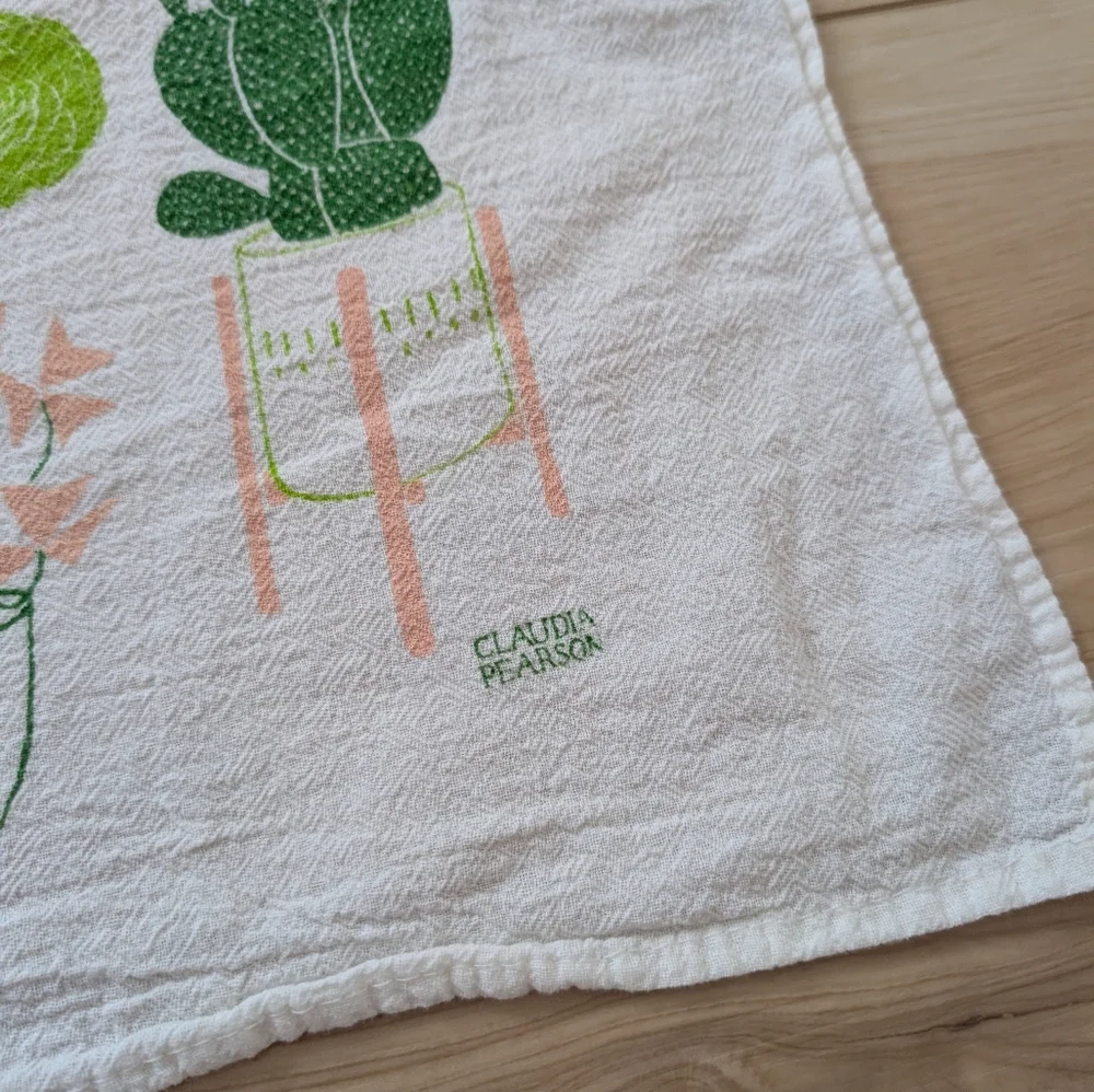 Green and White Botanical Print Tea Towel By Claudia Pearson